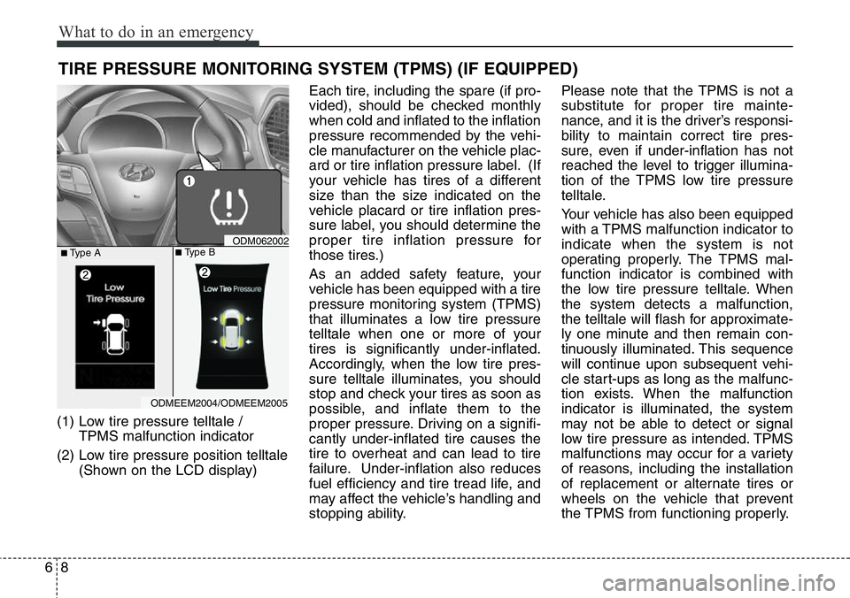 Hyundai Santa Fe 2014  Owners Manual What to do in an emergency
8 6
TIRE PRESSURE MONITORING SYSTEM (TPMS) (IF EQUIPPED)
(1) Low tire pressure telltale / 
TPMS malfunction indicator
(2) Low tire pressure position telltale
(Shown on the L