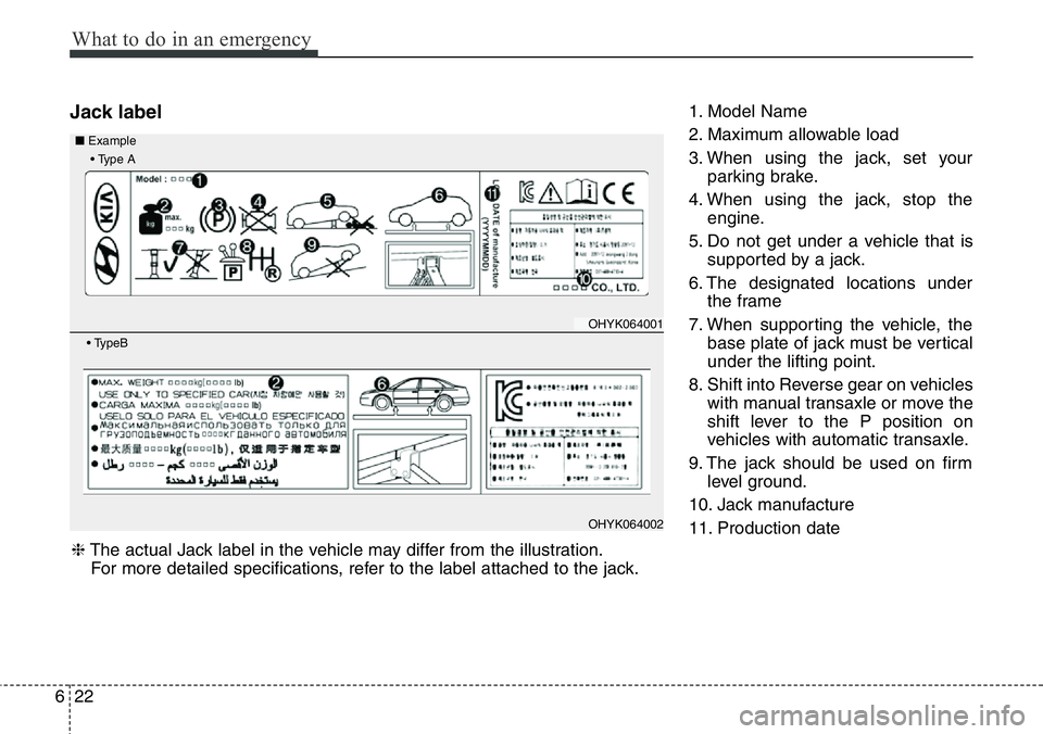 Hyundai Santa Fe 2014 Owners Manual What to do in an emergency
22 6
Jack label1. Model Name
2. Maximum allowable load
3. When using the jack, set your
parking brake.
4. When using the jack, stop the
engine.
5. Do not get under a vehicle Hyundai Santa Fe 2014 Owners Manual What to do in an emergency
22 6
Jack label1. Model Name
2. Maximum allowable load
3. When using the jack, set your
parking brake.
4. When using the jack, stop the
engine.
5. Do not get under a vehicle