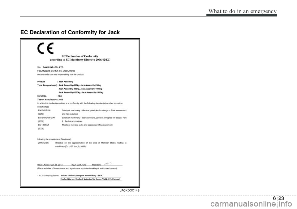 Hyundai Santa Fe 2014 Owners Manual 623
What to do in an emergency
EC Declaration of Conformity for Jack
JACKDOC14S Hyundai Santa Fe 2014 Owners Manual 623
What to do in an emergency
EC Declaration of Conformity for Jack
JACKDOC14S