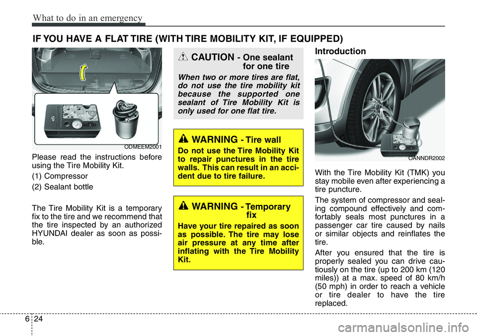 Hyundai Santa Fe 2014 Owners Manual What to do in an emergency
24 6
IF YOU HAVE A FLAT TIRE (WITH TIRE MOBILITY KIT, IF EQUIPPED)
Please read the instructions before
using the Tire Mobility Kit.
(1) Compressor
(2) Sealant bottle
The Tir Hyundai Santa Fe 2014 Owners Manual What to do in an emergency
24 6
IF YOU HAVE A FLAT TIRE (WITH TIRE MOBILITY KIT, IF EQUIPPED)
Please read the instructions before
using the Tire Mobility Kit.
(1) Compressor
(2) Sealant bottle
The Tir