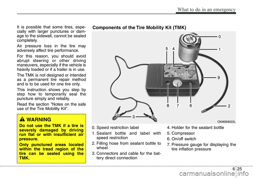 Hyundai Santa Fe 2014 Owners Manual 625
What to do in an emergency
It is possible that some tires, espe-
cially with larger punctures or dam-
age to the sidewall, cannot be sealed
completely.
Air pressure loss in the tire may
adversely Hyundai Santa Fe 2014 Owners Manual 625
What to do in an emergency
It is possible that some tires, espe-
cially with larger punctures or dam-
age to the sidewall, cannot be sealed
completely.
Air pressure loss in the tire may
adversely