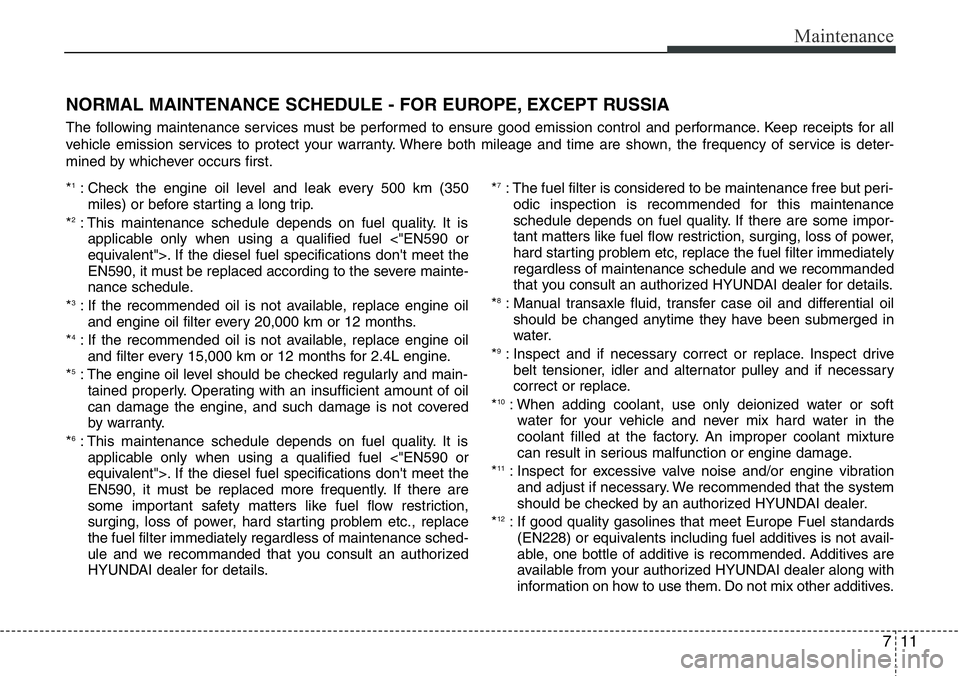 Hyundai Santa Fe 2014 Owners Manual 711
Maintenance
NORMAL MAINTENANCE SCHEDULE - FOR EUROPE, EXCEPT RUSSIA
The following maintenance services must be performed to ensure good emission control and performance. Keep receipts for all
vehi Hyundai Santa Fe 2014 Owners Manual 711
Maintenance
NORMAL MAINTENANCE SCHEDULE - FOR EUROPE, EXCEPT RUSSIA
The following maintenance services must be performed to ensure good emission control and performance. Keep receipts for all
vehi