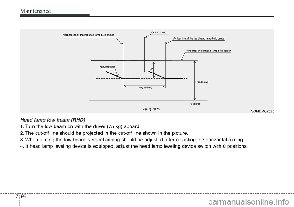 Hyundai Santa Fe 2014 Owners Manual Maintenance
96 7
ODMEMC2026
Head lamp low beam (RHD)
1. Turn the low beam on with the driver (75 kg) aboard.
2. The cut-off line should be projected in the cut-off line shown in the picture.
3. When Hyundai Santa Fe 2014 Owners Manual Maintenance
96 7
ODMEMC2026
Head lamp low beam (RHD)
1. Turn the low beam on with the driver (75 kg) aboard.
2. The cut-off line should be projected in the cut-off line shown in the picture.
3. When