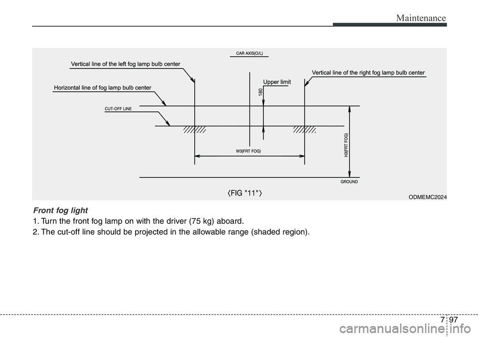 Hyundai Santa Fe 2014 Owners Manual 797
Maintenance
ODMEMC2024
Front fog light
1. Turn the front fog lamp on with the driver (75 kg) aboard.
2. The cut-off line should be projected in the allowable range (shaded region). Hyundai Santa Fe 2014 Owners Manual 797
Maintenance
ODMEMC2024
Front fog light
1. Turn the front fog lamp on with the driver (75 kg) aboard.
2. The cut-off line should be projected in the allowable range (shaded region).