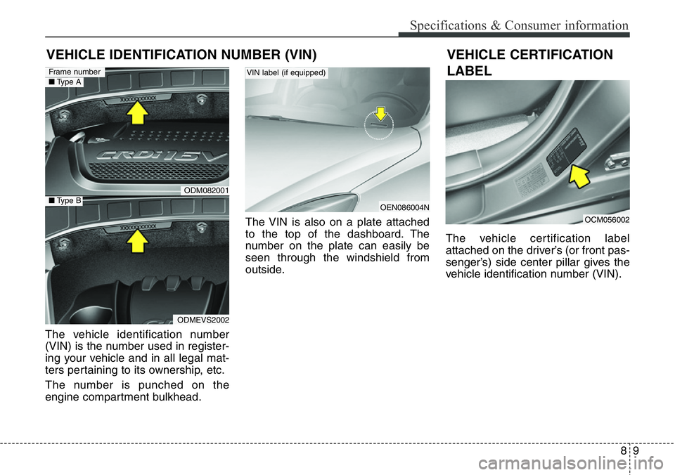 Hyundai Santa Fe 2014 Owners Manual 89
Specifications & Consumer information
The vehicle identification number
(VIN) is the number used in register-
ing your vehicle and in all legal mat-
ters pertaining to its ownership, etc.
The numbe Hyundai Santa Fe 2014 Owners Manual 89
Specifications & Consumer information
The vehicle identification number
(VIN) is the number used in register-
ing your vehicle and in all legal mat-
ters pertaining to its ownership, etc.
The numbe