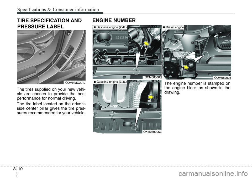 Hyundai Santa Fe 2014 Owners Manual Specifications & Consumer information
10 8
The tires supplied on your new vehi-
cle are chosen to provide the best
performance for normal driving.
The tire label located on the driver's
side cente Hyundai Santa Fe 2014 Owners Manual Specifications & Consumer information
10 8
The tires supplied on your new vehi-
cle are chosen to provide the best
performance for normal driving.
The tire label located on the driver's
side cente