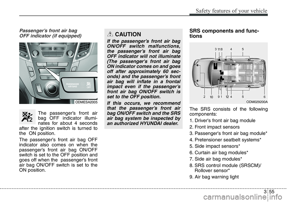 Hyundai Santa Fe 2014 Manual PDF 355
Safety features of your vehicle
Passenger’s front air bag
OFF indicator (if equipped)
The passenger’s front air
bag OFF indicator illumi-
nates for about 4 seconds
after the ignition switch i Hyundai Santa Fe 2014 Manual PDF 355
Safety features of your vehicle
Passenger’s front air bag
OFF indicator (if equipped)
The passenger’s front air
bag OFF indicator illumi-
nates for about 4 seconds
after the ignition switch i