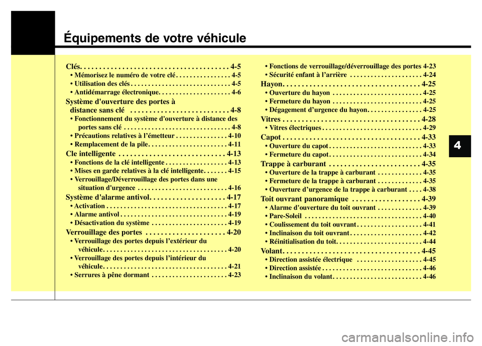 Hyundai Santa Fe 2014 Manuel du propriétaire (in French) Équipements de votre véhicule
Clés. . . . . . . . . . . . . . . . . . . . . . . . . . . . . . . . . . . . . . . 4-5
• Mémorisez le numéro de votre clé . . . . . . . . . . . . . . . . 4-5
• U Hyundai Santa Fe 2014 Manuel du propriétaire (in French) Équipements de votre véhicule
Clés. . . . . . . . . . . . . . . . . . . . . . . . . . . . . . . . . . . . . . . 4-5
• Mémorisez le numéro de votre clé . . . . . . . . . . . . . . . . 4-5
• U