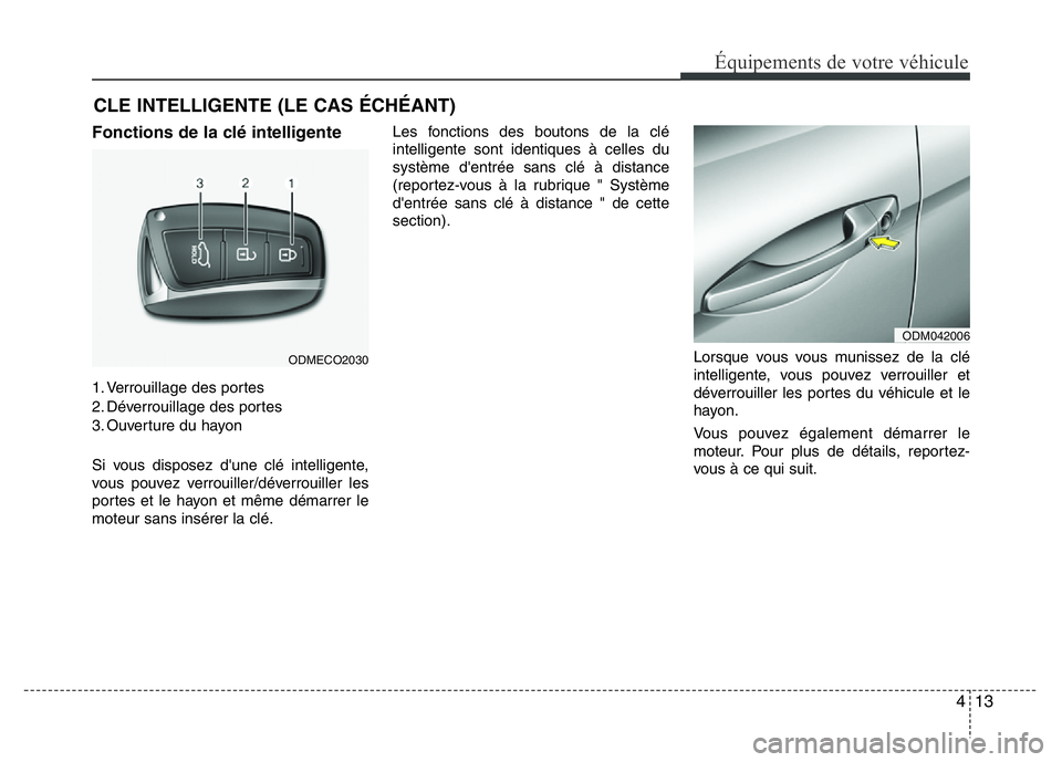 Hyundai Santa Fe 2014 Manuel du propriétaire (in French) 413
Équipements de votre véhicule
Fonctions de la clé intelligente
1. Verrouillage des portes
2. Déverrouillage des portes
3. Ouverture du hayon
Si vous disposez d'une clé intelligente,
vous Hyundai Santa Fe 2014 Manuel du propriétaire (in French) 413
Équipements de votre véhicule
Fonctions de la clé intelligente
1. Verrouillage des portes
2. Déverrouillage des portes
3. Ouverture du hayon
Si vous disposez d'une clé intelligente,
vous