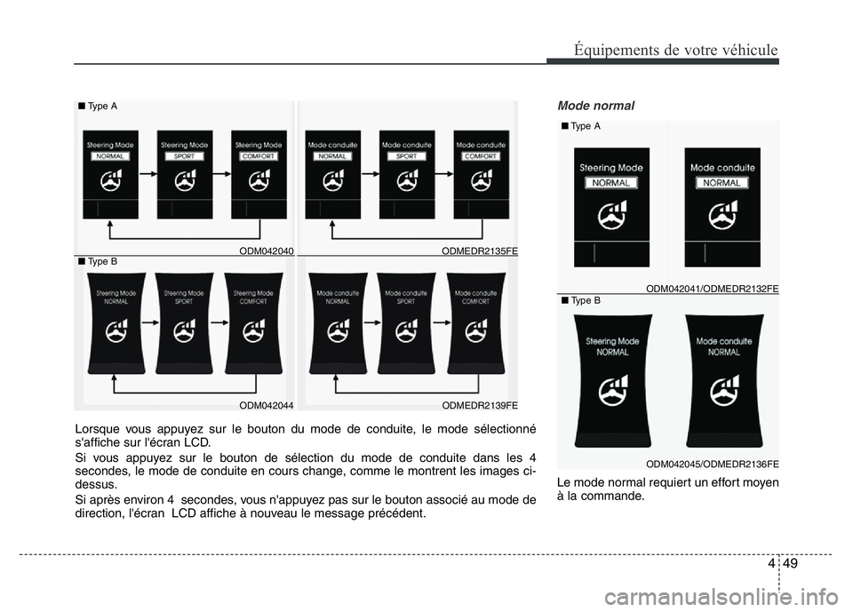 Hyundai Santa Fe 2014 Manuel du propriétaire (in French) 449
Équipements de votre véhicule
Mode normal
Le mode normal requiert un effort moyen
à la commande.
ODM042041/ODMEDR2132FE ■Type A
ODM042045/ODMEDR2136FE ■Type B
ODM042044 ■Type A
■Type B
Hyundai Santa Fe 2014 Manuel du propriétaire (in French) 449
Équipements de votre véhicule
Mode normal
Le mode normal requiert un effort moyen
à la commande.
ODM042041/ODMEDR2132FE ■Type A
ODM042045/ODMEDR2136FE ■Type B
ODM042044 ■Type A
■Type B