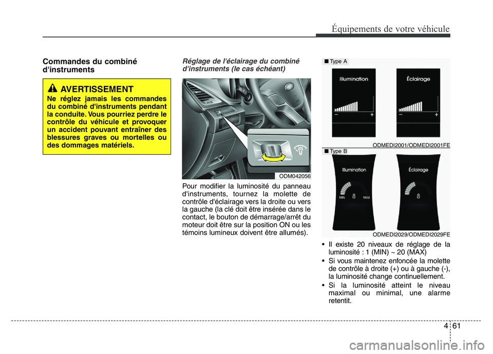 Hyundai Santa Fe 2014 Manuel du propriétaire (in French) 461
Équipements de votre véhicule
Commandes du combiné
d'instrumentsRéglage de l'éclairage du combiné
d'instruments (le cas échéant)
Pour modifier la luminosité du panneau
d'i Hyundai Santa Fe 2014 Manuel du propriétaire (in French) 461
Équipements de votre véhicule
Commandes du combiné
d'instrumentsRéglage de l'éclairage du combiné
d'instruments (le cas échéant)
Pour modifier la luminosité du panneau
d'i