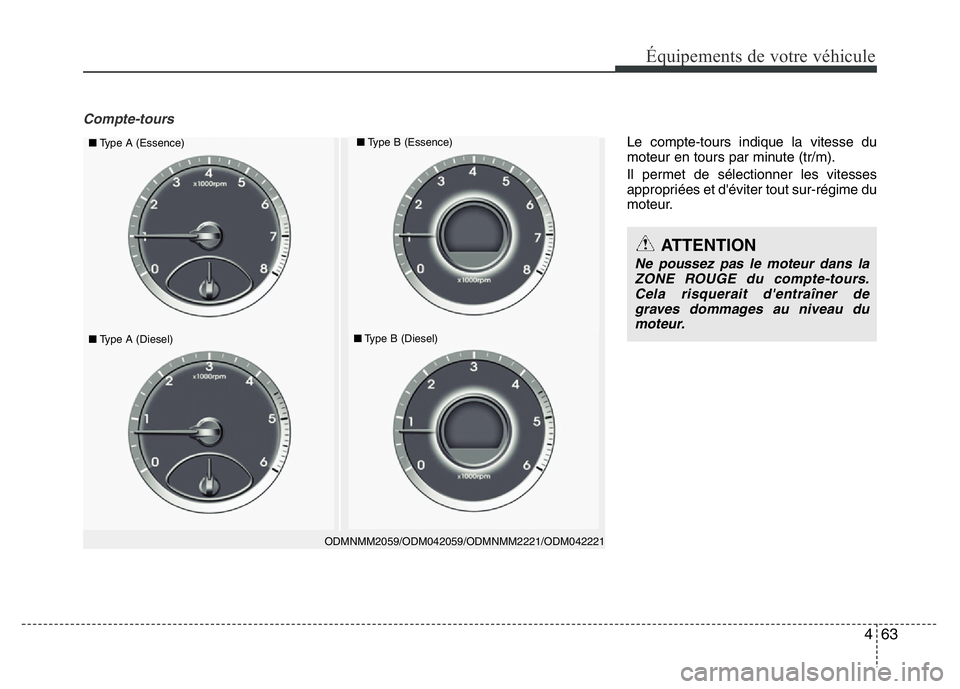 Hyundai Santa Fe 2014 Manuel du propriétaire (in French) 463
Équipements de votre véhicule
Compte-tours
ODMNMM2059/ODM042059/ODMNMM2221/ODM042221
■Type A (Essence)■Type B (Essence)
■Type A (Diesel)■Type B (Diesel)
ATTENTION
Ne poussez pas le moteu Hyundai Santa Fe 2014 Manuel du propriétaire (in French) 463
Équipements de votre véhicule
Compte-tours
ODMNMM2059/ODM042059/ODMNMM2221/ODM042221
■Type A (Essence)■Type B (Essence)
■Type A (Diesel)■Type B (Diesel)
ATTENTION
Ne poussez pas le moteu