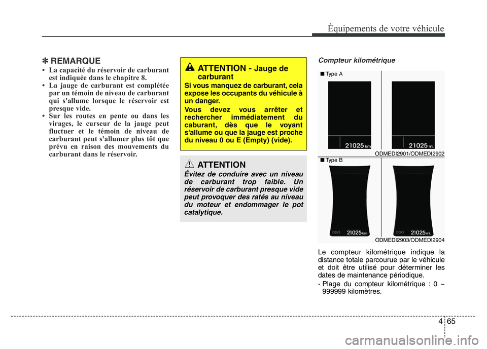 Hyundai Santa Fe 2014 Manuel du propriétaire (in French) 465
Équipements de votre véhicule
✽REMARQUE
• La capacité du réservoir de carburant
est indiquée dans le chapitre 8.
• La jauge de carburant est complétée
par un témoin de niveau de carb Hyundai Santa Fe 2014 Manuel du propriétaire (in French) 465
Équipements de votre véhicule
✽REMARQUE
• La capacité du réservoir de carburant
est indiquée dans le chapitre 8.
• La jauge de carburant est complétée
par un témoin de niveau de carb