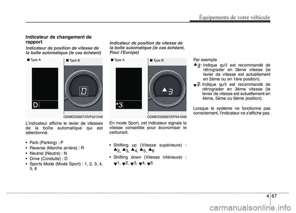 Hyundai Santa Fe 2014 Manuel du propriétaire (in French) 467
Équipements de votre véhicule
Indicateur de changement de
rapport
Indicateur de position de vitesse de
la boîte automatique (le cas échéant)
L'indicateur affiche le levier de vitesses
de Hyundai Santa Fe 2014 Manuel du propriétaire (in French) 467
Équipements de votre véhicule
Indicateur de changement de
rapport
Indicateur de position de vitesse de
la boîte automatique (le cas échéant)
L'indicateur affiche le levier de vitesses
de