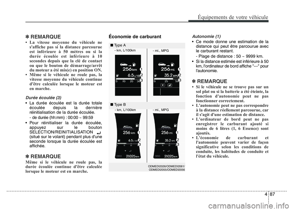 Hyundai Santa Fe 2014 Manuel du propriétaire (in French) 487
Équipements de votre véhicule
✽REMARQUE
• La vitesse moyenne du véhicule ne
s'affiche pas si la distance parcourue
est inférieure à 50 mètres ou si la
durée écoulée est inférieur Hyundai Santa Fe 2014 Manuel du propriétaire (in French) 487
Équipements de votre véhicule
✽REMARQUE
• La vitesse moyenne du véhicule ne
s'affiche pas si la distance parcourue
est inférieure à 50 mètres ou si la
durée écoulée est inférieur