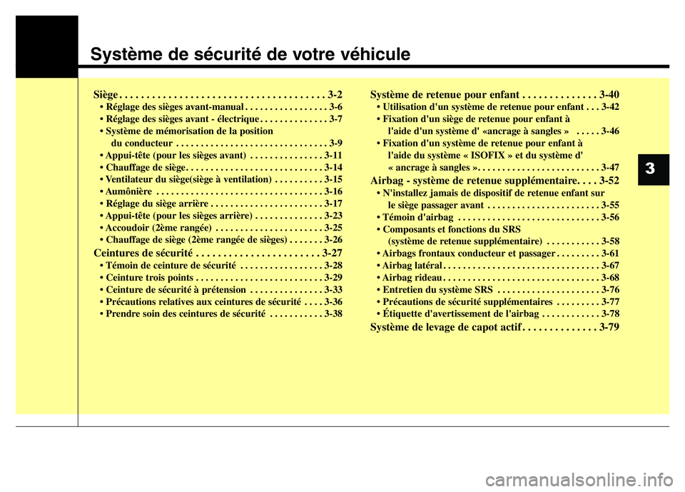 Hyundai Santa Fe 2014 Manuel du propriétaire (in French) Système de sécurité de votre véhicule
3
Siège . . . . . . . . . . . . . . . . . . . . . . . . . . . . . . . . . . . . . . 3-2
• Réglage des sièges avant-manual . . . . . . . . . . . . . . . . Hyundai Santa Fe 2014 Manuel du propriétaire (in French) Système de sécurité de votre véhicule
3
Siège . . . . . . . . . . . . . . . . . . . . . . . . . . . . . . . . . . . . . . 3-2
• Réglage des sièges avant-manual . . . . . . . . . . . . . . . .