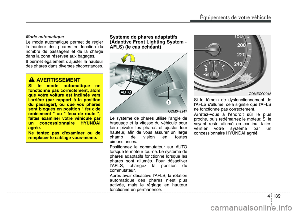Hyundai Santa Fe 2014 Manuel du propriétaire (in French) 4 139
Équipements de votre véhicule
Mode automatique
Le mode automatique permet de régler
la hauteur des phares en fonction du
nombre de passagers et de la charge
dans la zone réservée aux bagage Hyundai Santa Fe 2014 Manuel du propriétaire (in French) 4 139
Équipements de votre véhicule
Mode automatique
Le mode automatique permet de régler
la hauteur des phares en fonction du
nombre de passagers et de la charge
dans la zone réservée aux bagage