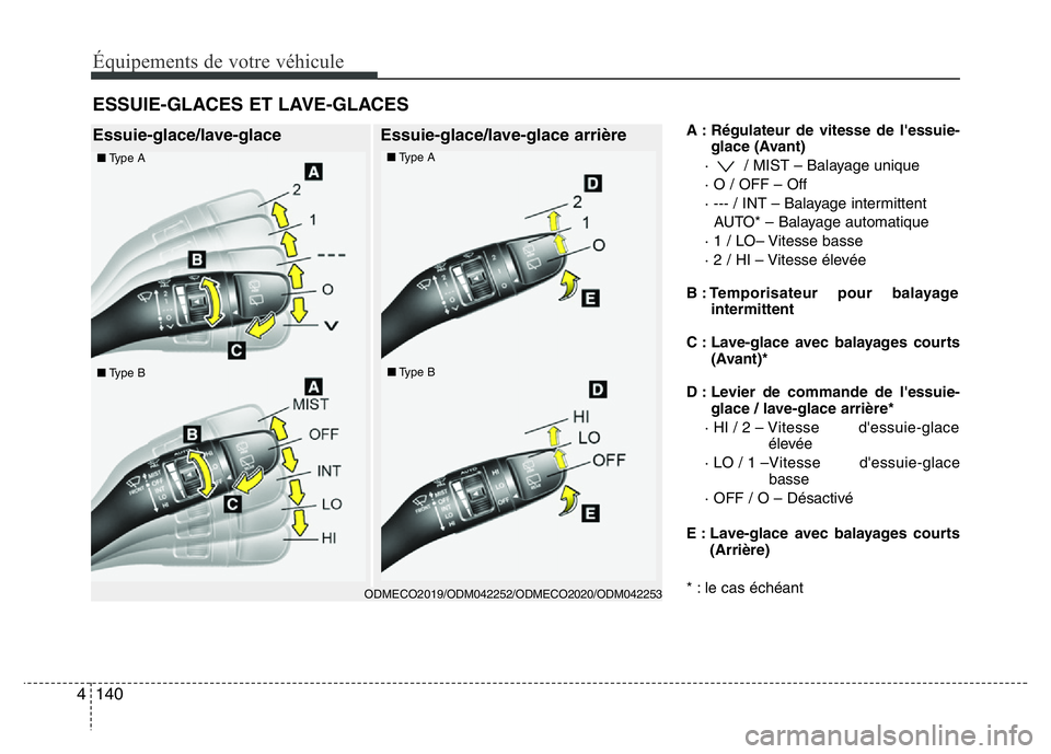 Hyundai Santa Fe 2014 Manuel du propriétaire (in French) Équipements de votre véhicule
140 4
A : Régulateur de vitesse de l'essuie-
glace (Avant)
· / MIST – Balayage unique
· O / OFF – Off
· --- / INT – Balayage intermittent
AUTO* – Bala Hyundai Santa Fe 2014 Manuel du propriétaire (in French) Équipements de votre véhicule
140 4
A : Régulateur de vitesse de l'essuie-
glace (Avant)
· / MIST – Balayage unique
· O / OFF – Off
· --- / INT – Balayage intermittent
AUTO* – Bala