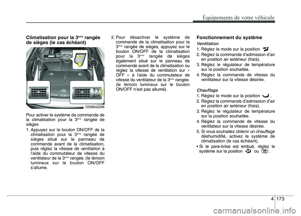 Hyundai Santa Fe 2014  Manuel du propriétaire (in French) 4 173
Équipements de votre véhicule
Climatisation pour la 3èmerangée
de sièges (le cas échéant)
Pour activer le système de commande de
la climatisation pour la 3èmerangée de
sièges 
1. Appu