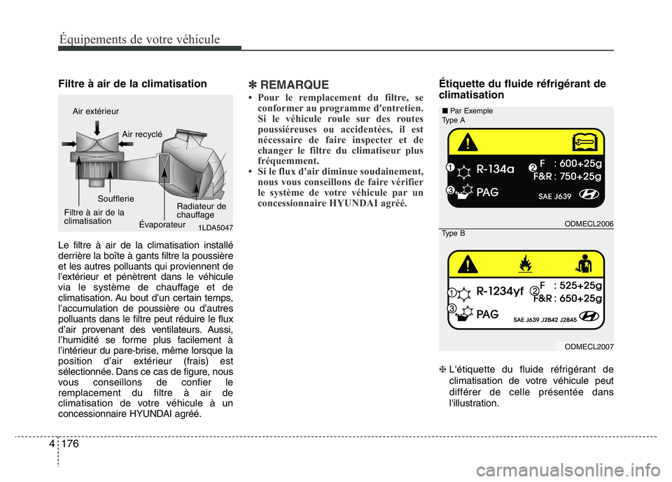 Hyundai Santa Fe 2014  Manuel du propriétaire (in French) 176 4
Équipements de votre véhicule
Filtre à air de la climatisation
Le filtre à air de la climatisation installé
derrière la boîte à gants filtre la poussière
et les autres polluants qui pro