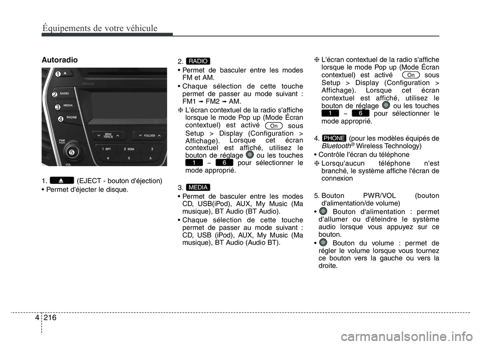 Hyundai Santa Fe 2014 Manuel du propriétaire (in French) 216 4
Équipements de votre véhicule
Autoradio
1. (EJECT - bouton d'éjection)
• Permet d'éjecter le disque.2.
• Permet de basculer entre les modes
FM et AM.
• Chaque sélection de cet Hyundai Santa Fe 2014 Manuel du propriétaire (in French) 216 4
Équipements de votre véhicule
Autoradio
1. (EJECT - bouton d'éjection)
• Permet d'éjecter le disque.2.
• Permet de basculer entre les modes
FM et AM.
• Chaque sélection de cet