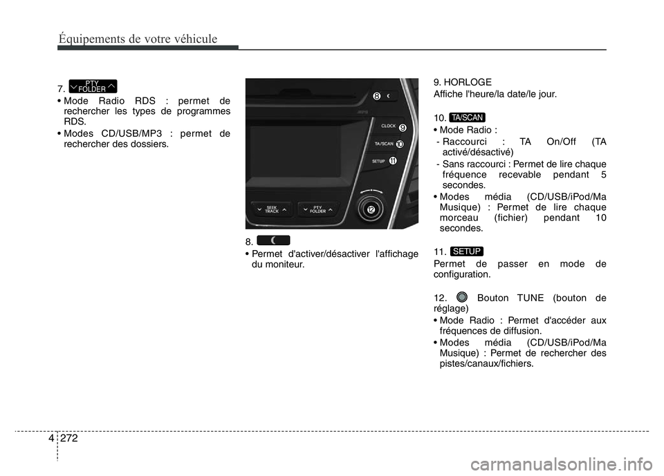 Hyundai Santa Fe 2014 Manuel du propriétaire (in French) 272 4
Équipements de votre véhicule
7.
• Mode Radio RDS : permet de
rechercher les types de programmes
RDS.
• Modes CD/USB/MP3 : permet de
rechercher des dossiers.
8.
• Permet d'activer/d Hyundai Santa Fe 2014 Manuel du propriétaire (in French) 272 4
Équipements de votre véhicule
7.
• Mode Radio RDS : permet de
rechercher les types de programmes
RDS.
• Modes CD/USB/MP3 : permet de
rechercher des dossiers.
8.
• Permet d'activer/d