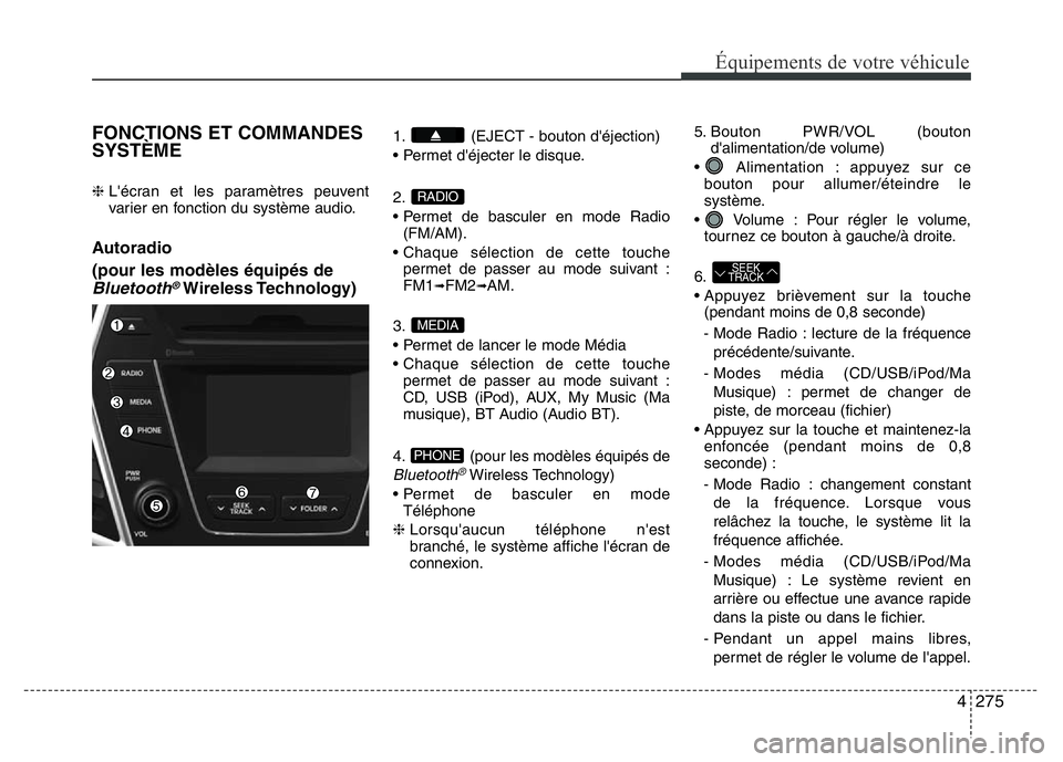 Hyundai Santa Fe 2014 Manuel du propriétaire (in French) 4275
Équipements de votre véhicule
FONCTIONS ET COMMANDES
SYSTÈME
❈ L'écran et les paramètres peuvent
varier en fonction du système audio.
Autoradio
(pour les modèles équipés de
Blueto Hyundai Santa Fe 2014 Manuel du propriétaire (in French) 4275
Équipements de votre véhicule
FONCTIONS ET COMMANDES
SYSTÈME
❈ L'écran et les paramètres peuvent
varier en fonction du système audio.
Autoradio
(pour les modèles équipés de
Blueto
