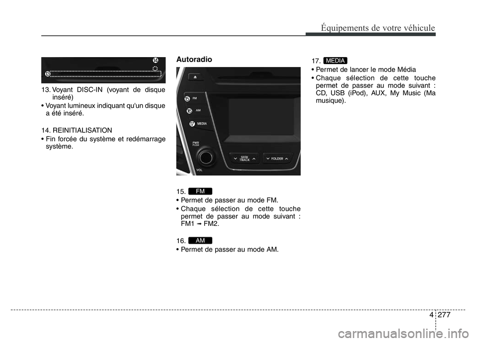 Hyundai Santa Fe 2014 Manuel du propriétaire (in French) 4277
Équipements de votre véhicule
13. Voyant DISC-IN (voyant de disque
inséré)
• Voyant lumineux indiquant qu'un disque
a été inséré.
14. REINITIALISATION
• Fin forcée du système et Hyundai Santa Fe 2014 Manuel du propriétaire (in French) 4277
Équipements de votre véhicule
13. Voyant DISC-IN (voyant de disque
inséré)
• Voyant lumineux indiquant qu'un disque
a été inséré.
14. REINITIALISATION
• Fin forcée du système et
