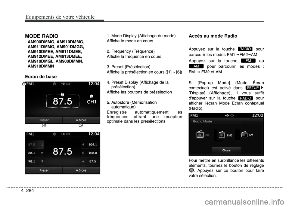 Hyundai Santa Fe 2014 Manuel du propriétaire (in French) 284 4
Équipements de votre véhicule
MODE RADIO
- AM900DMMG, AM910DMMG,
AM911DMMG, AM901DMGG,
AM910DMEE, AM911DMEE,
AM912DMEE, AM913DMEE,
AM910DMGL, AM900DMMN,
AM910DMMN
Ecran de base
1. Mode Displa Hyundai Santa Fe 2014 Manuel du propriétaire (in French) 284 4
Équipements de votre véhicule
MODE RADIO
- AM900DMMG, AM910DMMG,
AM911DMMG, AM901DMGG,
AM910DMEE, AM911DMEE,
AM912DMEE, AM913DMEE,
AM910DMGL, AM900DMMN,
AM910DMMN
Ecran de base
1. Mode Displa