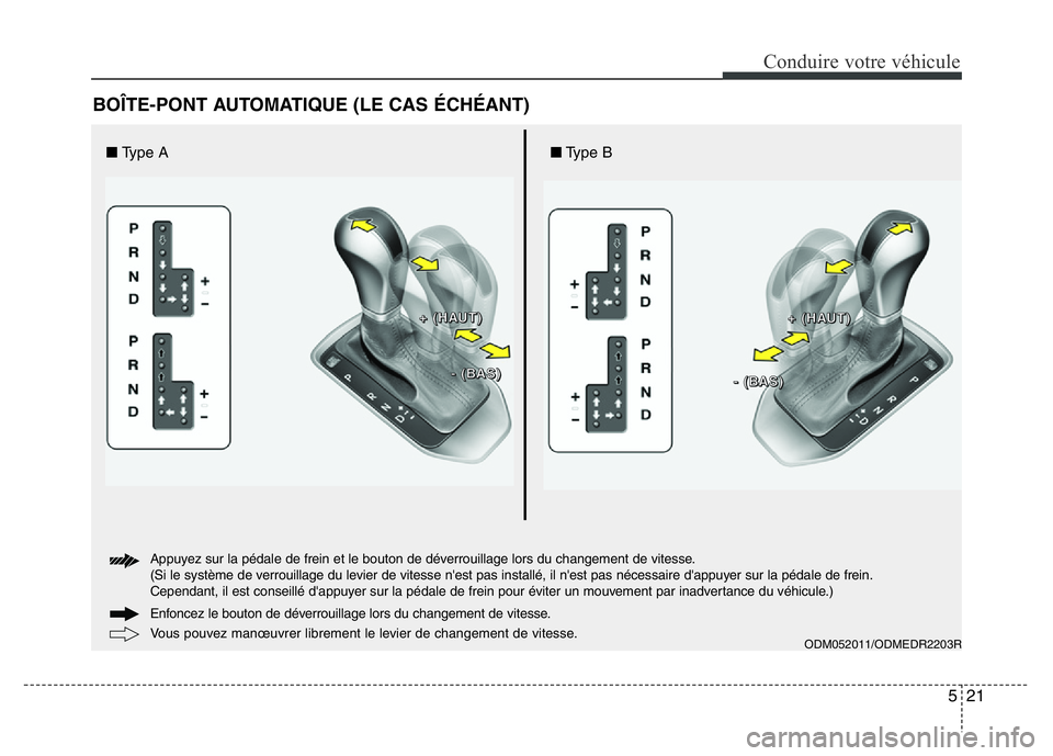 Hyundai Santa Fe 2014 Manuel du propriétaire (in French) 521
Conduire votre véhicule
BOÎTE-PONT AUTOMATIQUE (LE CAS ÉCHÉANT)
ODM052011/ODMEDR2203R
â– Type Aâ– Type B
+ +
( (
H H
A A
U U
T T
) )
- -
( (
B B
A A
S S
) ) + +
( (
H H
A A
U U
T T Hyundai Santa Fe 2014 Manuel du propriétaire (in French) 521
Conduire votre véhicule
BOÎTE-PONT AUTOMATIQUE (LE CAS ÉCHÉANT)
ODM052011/ODMEDR2203R
â– Type Aâ– Type B
+ +
( (
H H
A A
U U
T T
) )
- -
( (
B B
A A
S S
) ) + +
( (
H H
A A
U U
T T