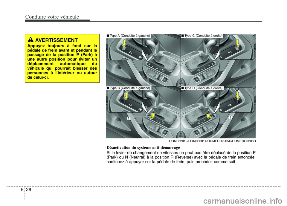 Hyundai Santa Fe 2014 Manuel du propriétaire (in French) Conduire votre véhicule
26 5
ODM052012/ODM053014/ODMEDR2205R/ODMEDR3206R
Désactivation du système anti-démarrage
Si le levier de changement de vitesses ne peut pas être déplacé de la position P Hyundai Santa Fe 2014 Manuel du propriétaire (in French) Conduire votre véhicule
26 5
ODM052012/ODM053014/ODMEDR2205R/ODMEDR3206R
Désactivation du système anti-démarrage
Si le levier de changement de vitesses ne peut pas être déplacé de la position P