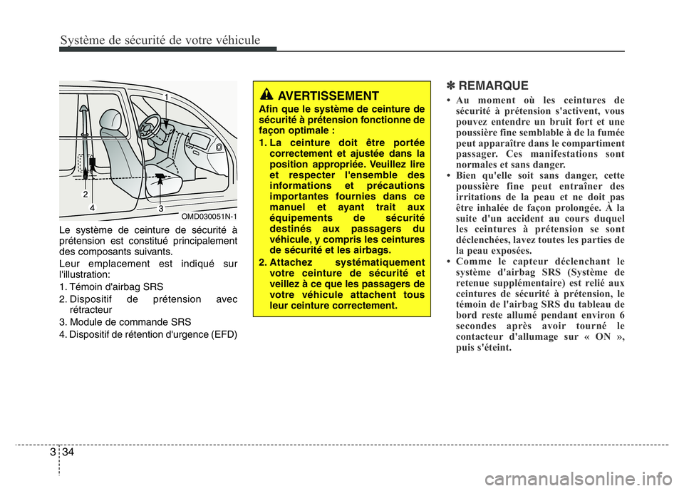 Hyundai Santa Fe 2014  Manuel du propriétaire (in French) Système de sécurité de votre véhicule 
34 3
Le système de ceinture de sécurité à
prétension est constitué principalement
des composants suivants.
Leur emplacement est indiqué sur
l'illu