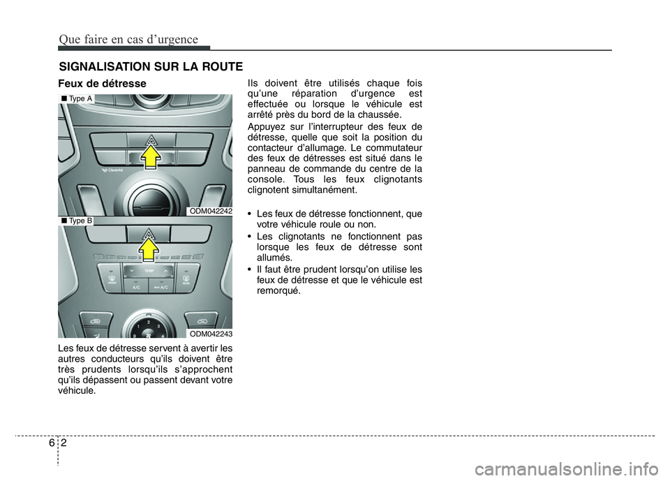 Hyundai Santa Fe 2014  Manuel du propriétaire (in French) Que faire en cas d’urgence
2 6
SIGNALISATION SUR LA ROUTE
Feux de détresse
Les feux de détresse servent à avertir les
autres conducteurs qu’ils doivent être
très prudents lorsqu’ils s’app