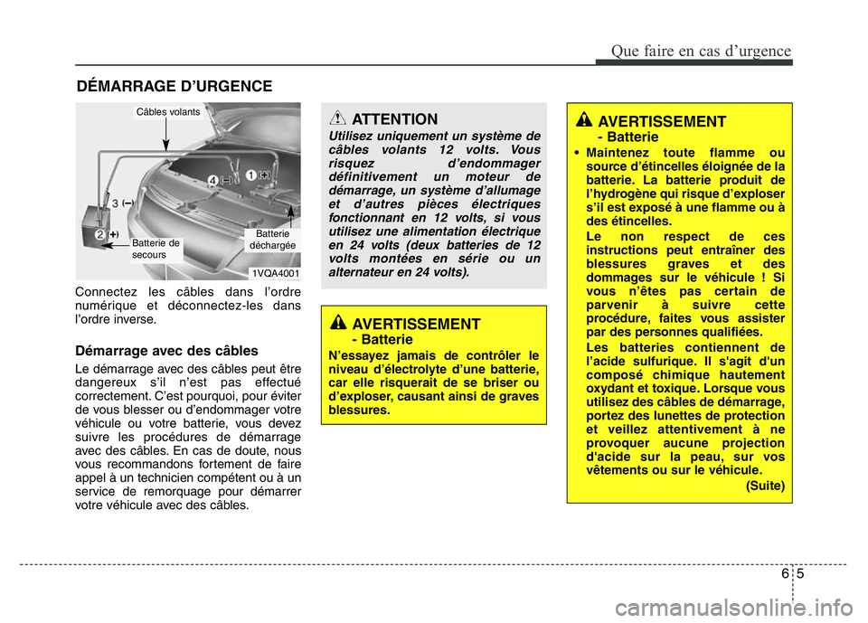 Hyundai Santa Fe 2014  Manuel du propriétaire (in French) 65
Que faire en cas d’urgence
DÉMARRAGE D’URGENCE
Connectez les câbles dans l’ordre
numérique et déconnectez-les dans
l’ordre inverse.
Démarrage avec des câbles
Le démarrage avec des c
