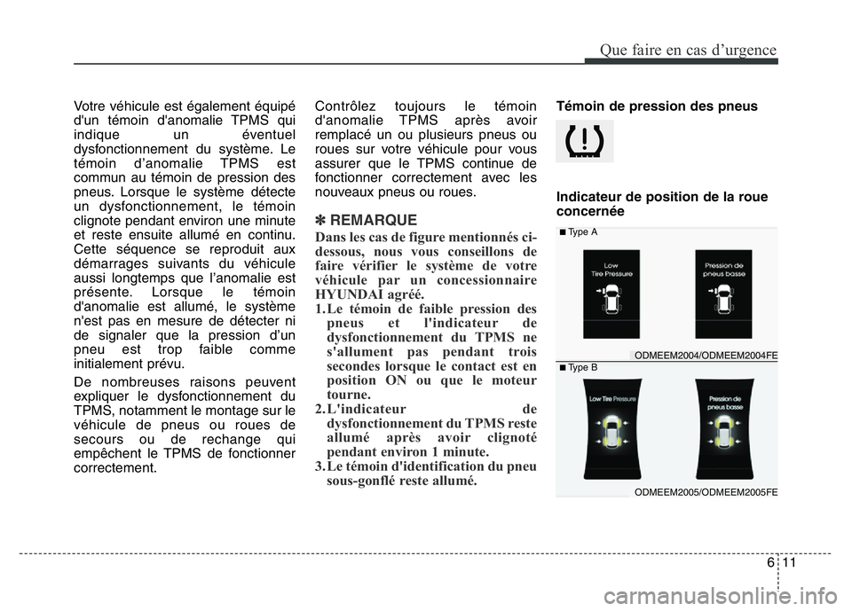 Hyundai Santa Fe 2014  Manuel du propriétaire (in French) 611
Que faire en cas d’urgence
Votre véhicule est également équipé
d'un témoin d'anomalie TPMS qui
indique un éventuel
dysfonctionnement du système. Le
témoin d’anomalie TPMS est
c