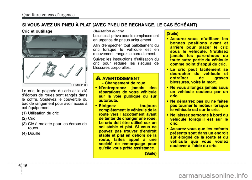 Hyundai Santa Fe 2014 Manuel du propriétaire (in French) Que faire en cas d’urgence
16 6
SI VOUS AVEZ UN PNEU À PLAT (AVEC PNEU DE RECHANGE, LE CAS ÉCHÉANT)
Cric et outillage
Le cric, la poignée du cric et la clé
d’écrous de roues sont rangés dan Hyundai Santa Fe 2014 Manuel du propriétaire (in French) Que faire en cas d’urgence
16 6
SI VOUS AVEZ UN PNEU À PLAT (AVEC PNEU DE RECHANGE, LE CAS ÉCHÉANT)
Cric et outillage
Le cric, la poignée du cric et la clé
d’écrous de roues sont rangés dan