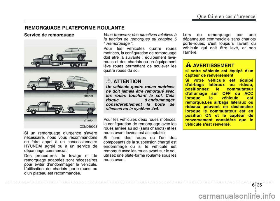 Hyundai Santa Fe 2014 Manuel du propriétaire (in French) 635
Que faire en cas d’urgence
REMORQUAGE PLATEFORME ROULANTE
Service de remorquage
Si un remorquage d’urgence s’avère
nécessaire, nous vous recommandons
de faire appel à un concessionnaire
H Hyundai Santa Fe 2014 Manuel du propriétaire (in French) 635
Que faire en cas d’urgence
REMORQUAGE PLATEFORME ROULANTE
Service de remorquage
Si un remorquage d’urgence s’avère
nécessaire, nous vous recommandons
de faire appel à un concessionnaire
H