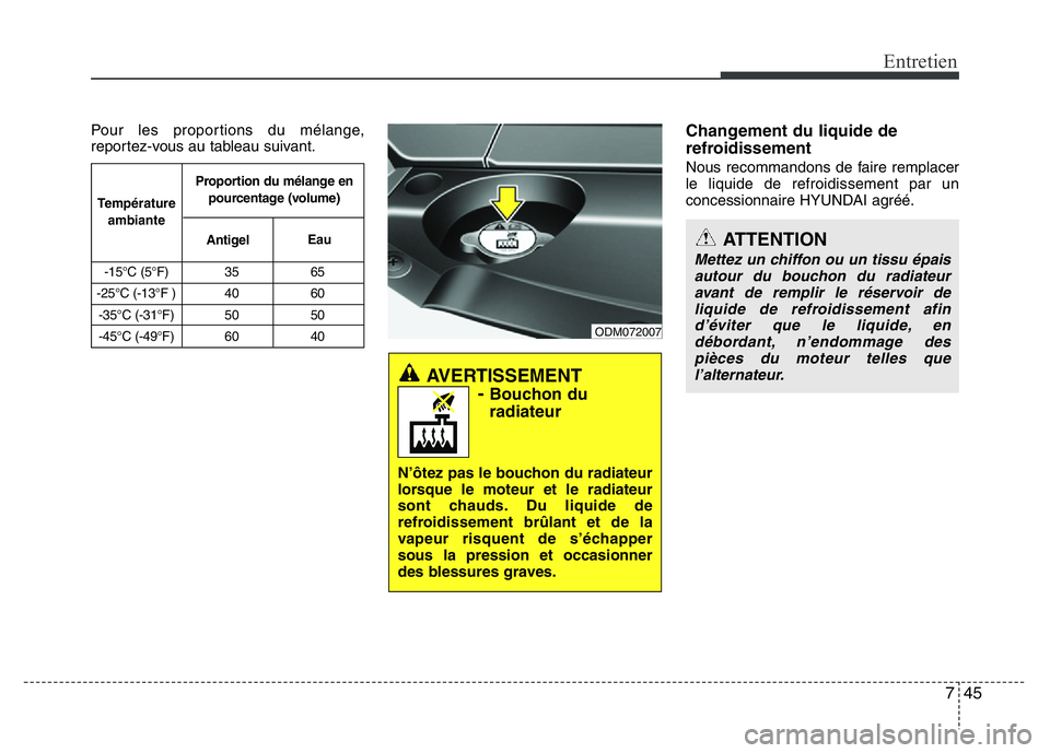 Hyundai Santa Fe 2014 Manuel du propriétaire (in French) 745
Entretien
Pour les proportions du mélange,
reportez-vous au tableau suivant.Changement du liquide de
refroidissement
Nous recommandons de faire remplacer
le liquide de refroidissement par un
conc Hyundai Santa Fe 2014 Manuel du propriétaire (in French) 745
Entretien
Pour les proportions du mélange,
reportez-vous au tableau suivant.Changement du liquide de
refroidissement
Nous recommandons de faire remplacer
le liquide de refroidissement par un
conc