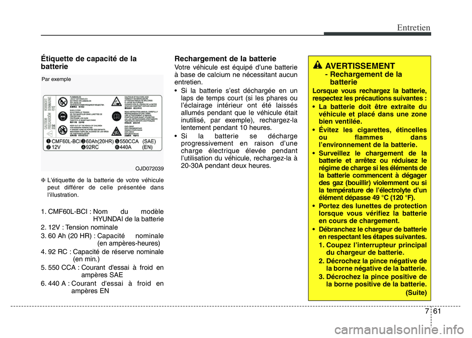 Hyundai Santa Fe 2014  Manuel du propriétaire (in French) 761
Entretien
Étiquette de capacité de la
batterie
❈L'étiquette de la batterie de votre véhicule
peut différer de celle présentée dans
l'illustration.
1. CMF60L-BCI :Nom du modèle
HY