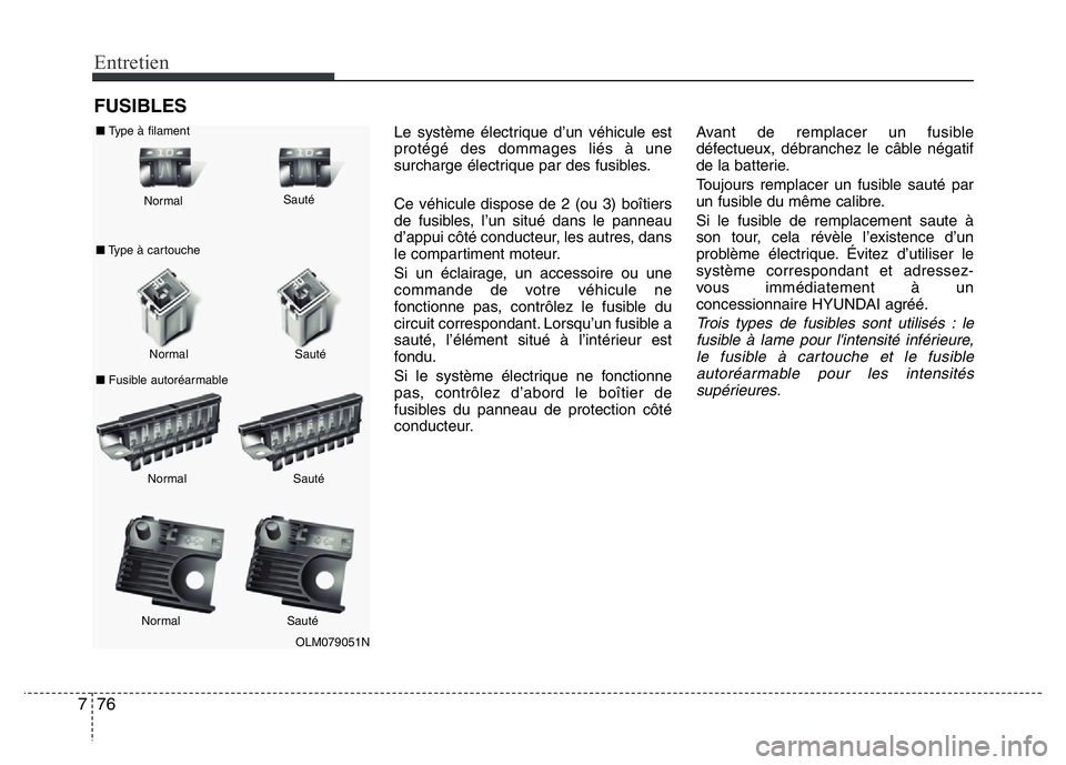 Hyundai Santa Fe 2014  Manuel du propriétaire (in French) Entretien
76 7
FUSIBLES
Le système électrique d’un véhicule est
protégé des dommages liés à une
surcharge électrique par des fusibles.
Ce véhicule dispose de 2 (ou 3) boîtiers
de fusibles,