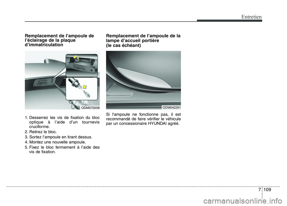 Hyundai Santa Fe 2014 Manuel du propriétaire (in French) 7 109
Entretien
Remplacement de l’ampoule de
l’éclairage de la plaque
d’immatriculation
1. Desserrez les vis de fixation du bloc
optique à l’aide d’un tournevis
cruciforme.
2. Retirez le b Hyundai Santa Fe 2014 Manuel du propriétaire (in French) 7 109
Entretien
Remplacement de l’ampoule de
l’éclairage de la plaque
d’immatriculation
1. Desserrez les vis de fixation du bloc
optique à l’aide d’un tournevis
cruciforme.
2. Retirez le b