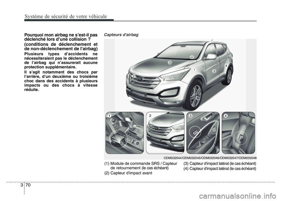 Hyundai Santa Fe 2014 Manuel du propriétaire (in French) Système de sécurité de votre véhicule
70 3
Pourquoi mon airbag ne s’est-il pas
déclenché lors d’une collision ?
(conditions de déclenchement et
de non-déclenchement de l’airbag)
Plusie Hyundai Santa Fe 2014 Manuel du propriétaire (in French) Système de sécurité de votre véhicule
70 3
Pourquoi mon airbag ne s’est-il pas
déclenché lors d’une collision ?
(conditions de déclenchement et
de non-déclenchement de l’airbag)
Plusie