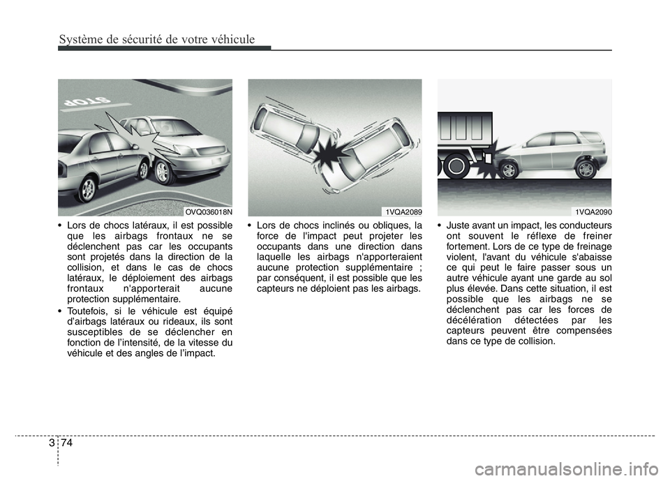 Hyundai Santa Fe 2014 Manuel du propriétaire (in French) Système de sécurité de votre véhicule
74 3
• Lors de chocs latéraux, il est possible
que les airbags frontaux ne se
déclenchent pas car les occupants
sont projetés dans la direction de la
co Hyundai Santa Fe 2014 Manuel du propriétaire (in French) Système de sécurité de votre véhicule
74 3
• Lors de chocs latéraux, il est possible
que les airbags frontaux ne se
déclenchent pas car les occupants
sont projetés dans la direction de la
co