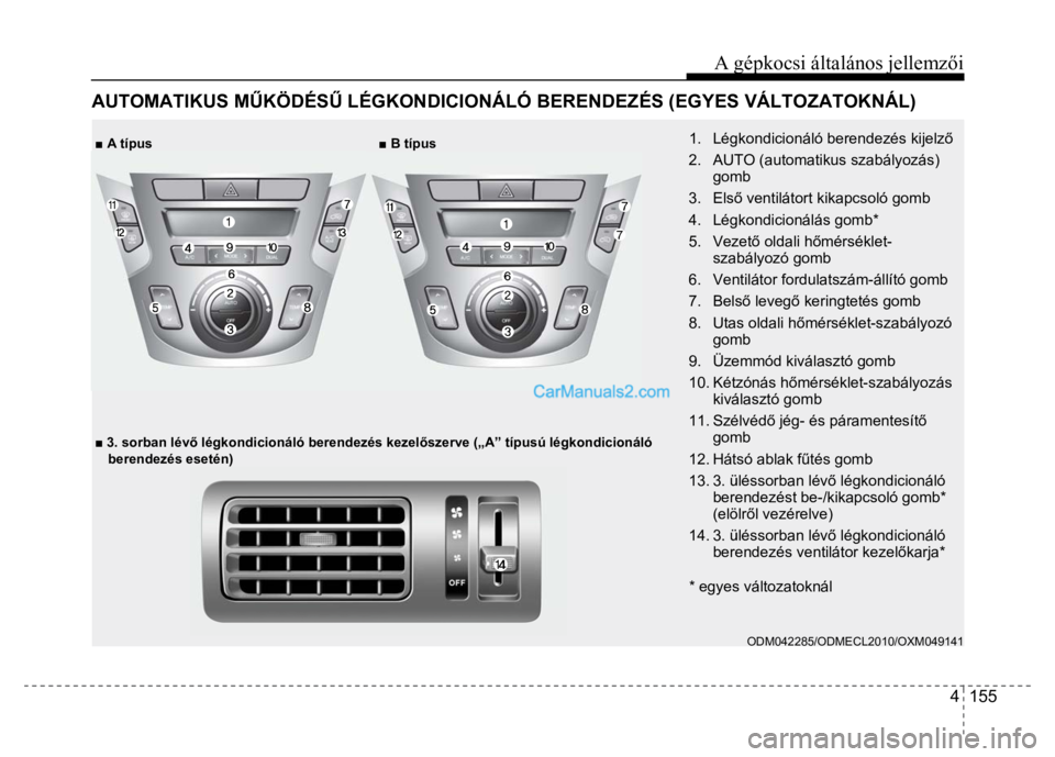Hyundai Santa Fe 2014  Kezelési útmutató (in Hungarian) 
A gépkocsi általános jellemzői
4  155
 
 
 
 ■  A típus  ■ B típus
 
 
 
 
  ■  3. sorban lév ő légkondicionáló berendezés kezel őszerve („A” típusú légkondicionáló 
beren