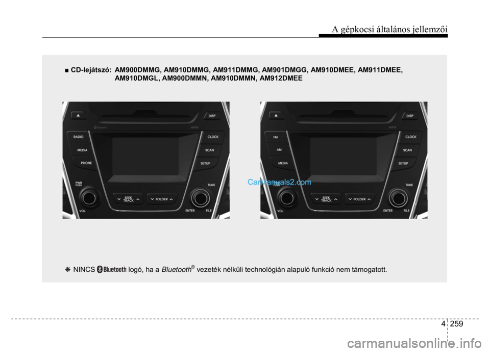 Hyundai Santa Fe 2014 Kezelési útmutató (in Hungarian)
A gépkocsi általános jellemzői
4 259
■ CD-lejátszó: AM900DMMG, AM 910DMMG, AM911DMMG, AM901DM GG, AM910DMEE, AM911DMEE,
AM910DMGL, AM900DMMN, AM910DMMN, AM912DMEE
❋ NIN Hyundai Santa Fe 2014 Kezelési útmutató (in Hungarian)
A gépkocsi általános jellemzői
4 259
■ CD-lejátszó: AM900DMMG, AM 910DMMG, AM911DMMG, AM901DM GG, AM910DMEE, AM911DMEE,
AM910DMGL, AM900DMMN, AM910DMMN, AM912DMEE
❋ NIN