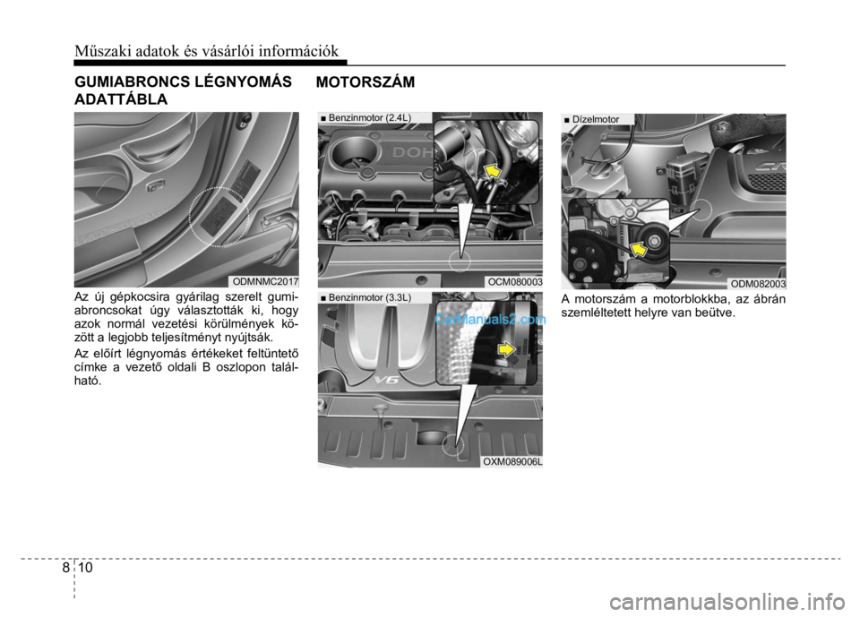 Hyundai Santa Fe 2014  Kezelési útmutató (in Hungarian) 
Műszaki adatok és vásárlói információk 8  10  
  
 
Az új gépkocsira gyárilag szerelt gumi-
abroncsokat úgy választották ki, hogy 
azok normál vezetési körülmények kö-
zött a legj