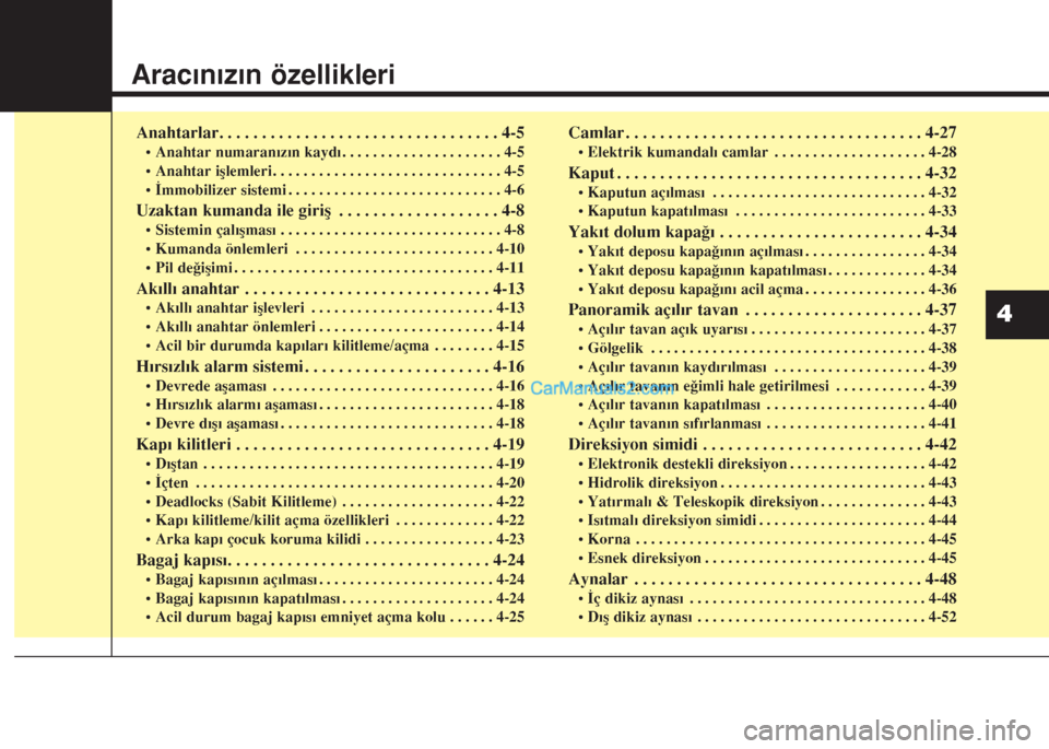 Hyundai Santa Fe 2014 Kullanım Kılavuzu (in Turkish) Aracınızın özellikleri
Anahtarlar. . . . . . . . . . . . . . . . . . . . . . . . . . . . . . . . . 4-5
• Anahtar numaranızın kaydı . . . . . . . . . . . . . . . . . . . . . 4-5
• Anahtar i Hyundai Santa Fe 2014 Kullanım Kılavuzu (in Turkish) Aracınızın özellikleri
Anahtarlar. . . . . . . . . . . . . . . . . . . . . . . . . . . . . . . . . 4-5
• Anahtar numaranızın kaydı . . . . . . . . . . . . . . . . . . . . . 4-5
• Anahtar i