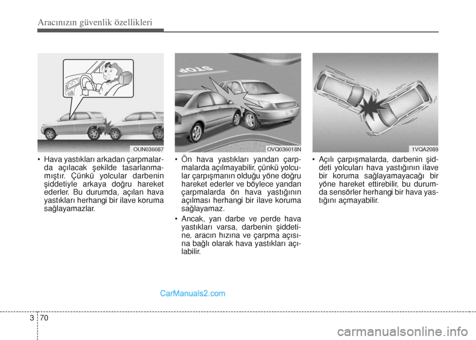 Hyundai Santa Fe 2014  Kullanım Kılavuzu (in Turkish) Aracınızın güvenlik özellikleri
70 3
• Hava yastıkları arkadan çarpmalar-
da açılacak şekilde tasarlanma-
mıştır. Çünkü yolcular darbenin
şiddetiyle arkaya doğru hareket
ederler. 