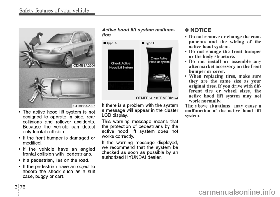 Hyundai Santa Fe 2013  Owners Manual Safety features of your vehicle
76 3
• The active hood lift system is not
designed to operate in side, rear
collisions and rollover accidents.
Because the vehicle can detect
only frontal collision.
