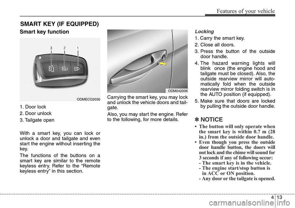 Hyundai Santa Fe 2013  Owners Manual 413
Features of your vehicle
Smart key function
1. Door lock
2. Door unlock
3. Tailgate open
With a smart key, you can lock or
unlock a door and tailgate and even
start the engine without inserting th